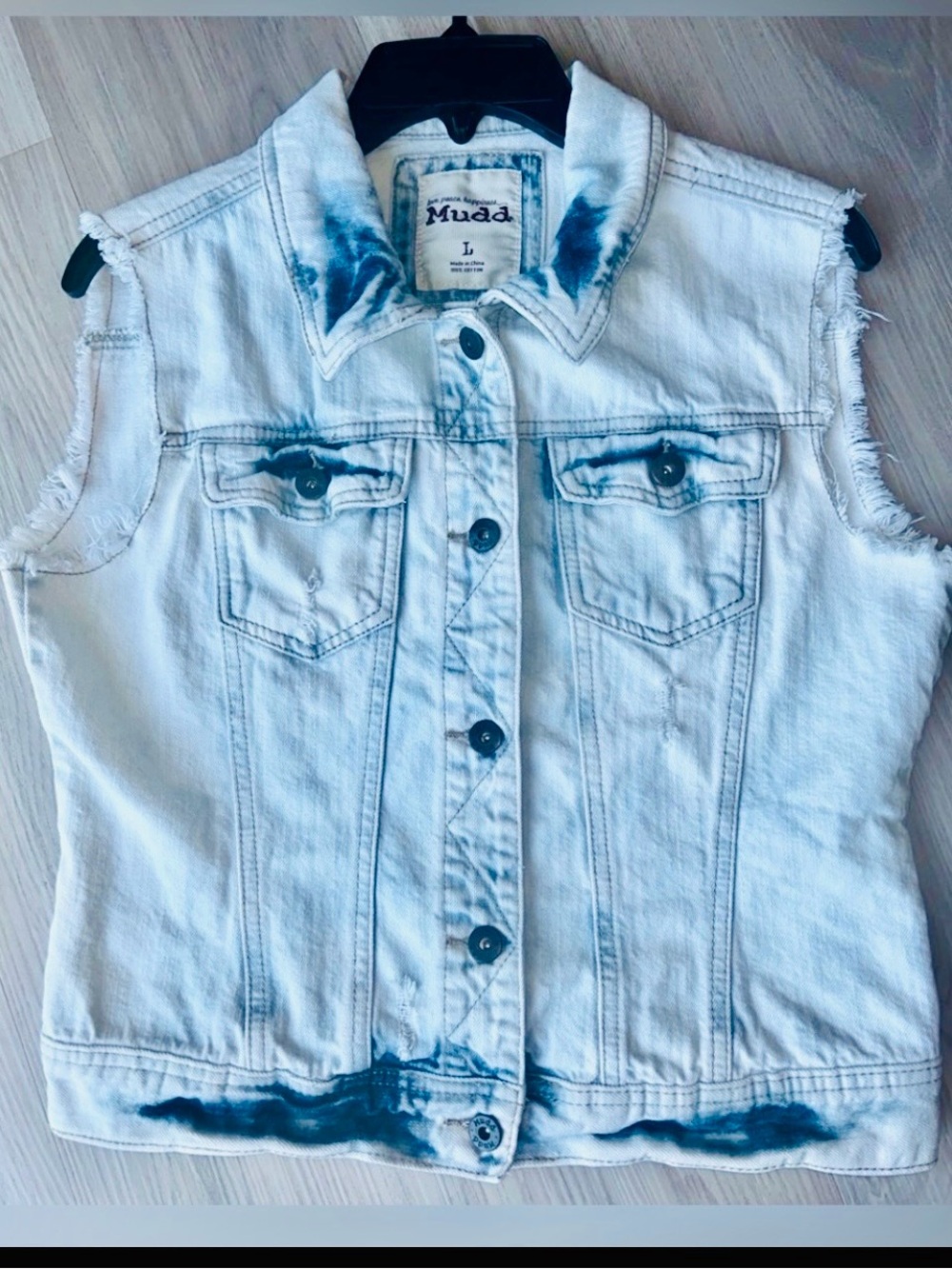 Sleeveless Denim Vest M Blue Light Wash Cotton Distressed Frayed Trim Casual